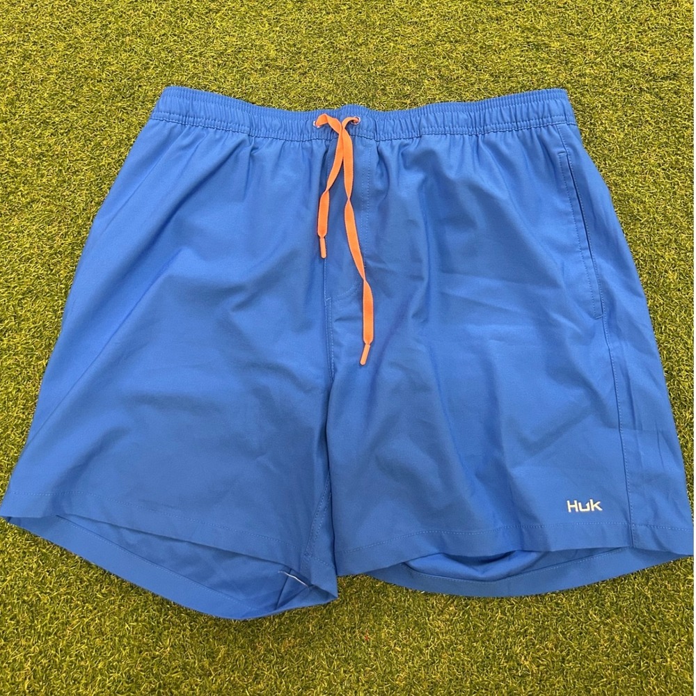Huk Mens Blue Performance Fishing Shorts XL Orange Drawstring Mesh Lined